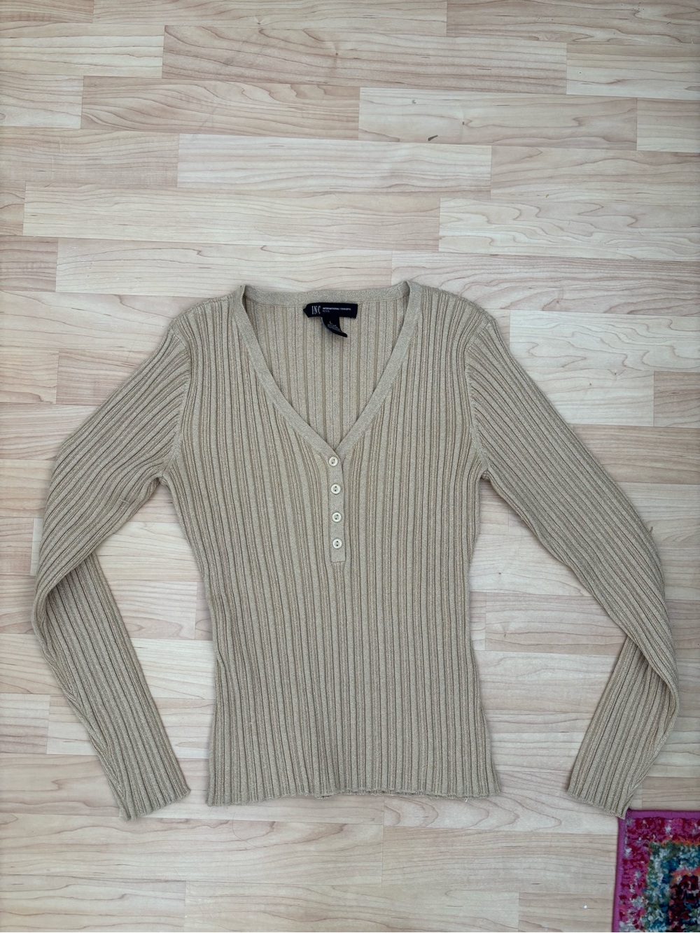 INC International Concepts Beige Ribbed V-Neck Button Long Sleeve Top